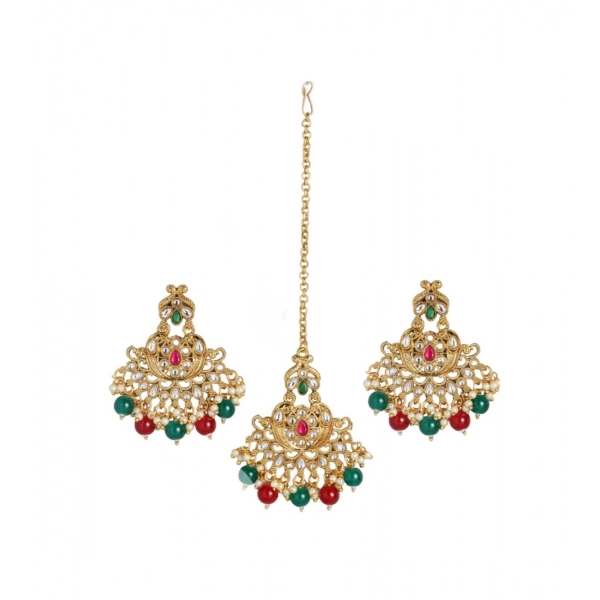 Dropship Women's Rose Gold Plated Alloy Kundan Earrings &amp; Mangtikka (Red &amp; Green)