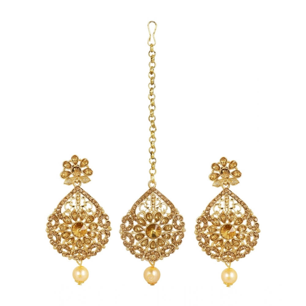 Generic Women's Rose Gold Plated Alloy Kundan Earrings & Mangtikka (Gold)