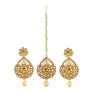Generic Women's Rose Gold Plated Alloy Kundan Earrings & Mangtikka (Gold)