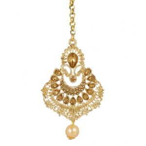 Generic Women's Rose Gold Plated Alloy Kundan Earrings & Mangtikka (Gold)