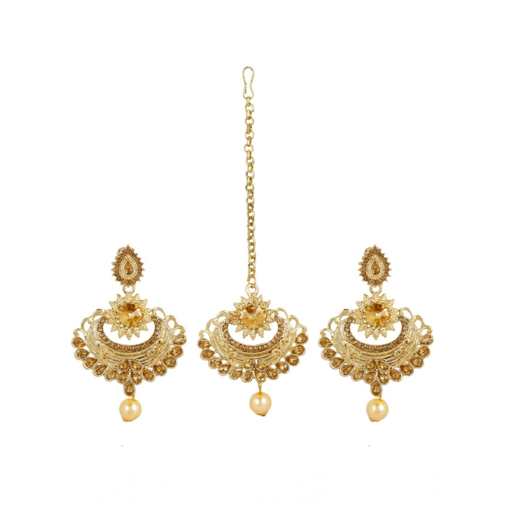 Generic Women's Rose Gold Plated Alloy Kundan Earrings & Mangtikka (Gold)