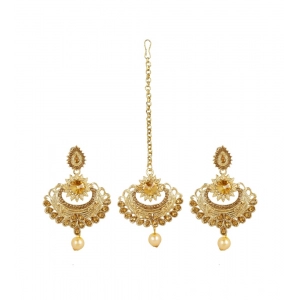 Generic Women's Rose Gold Plated Alloy Kundan Earrings & Mangtikka (Gold)