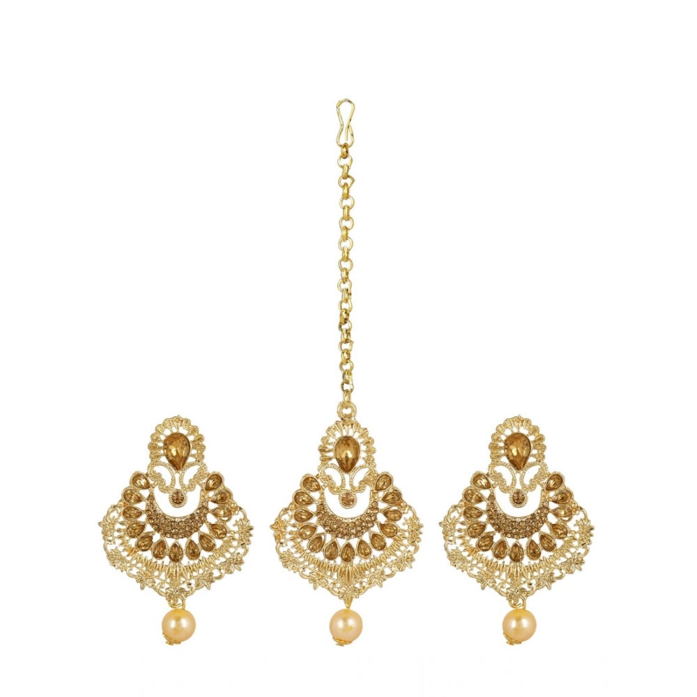 Generic Women's Rose Gold Plated Alloy Kundan Earrings & Mangtikka (Gold)
