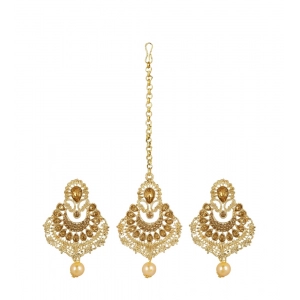Generic Women's Rose Gold Plated Alloy Kundan Earrings & Mangtikka (Gold)