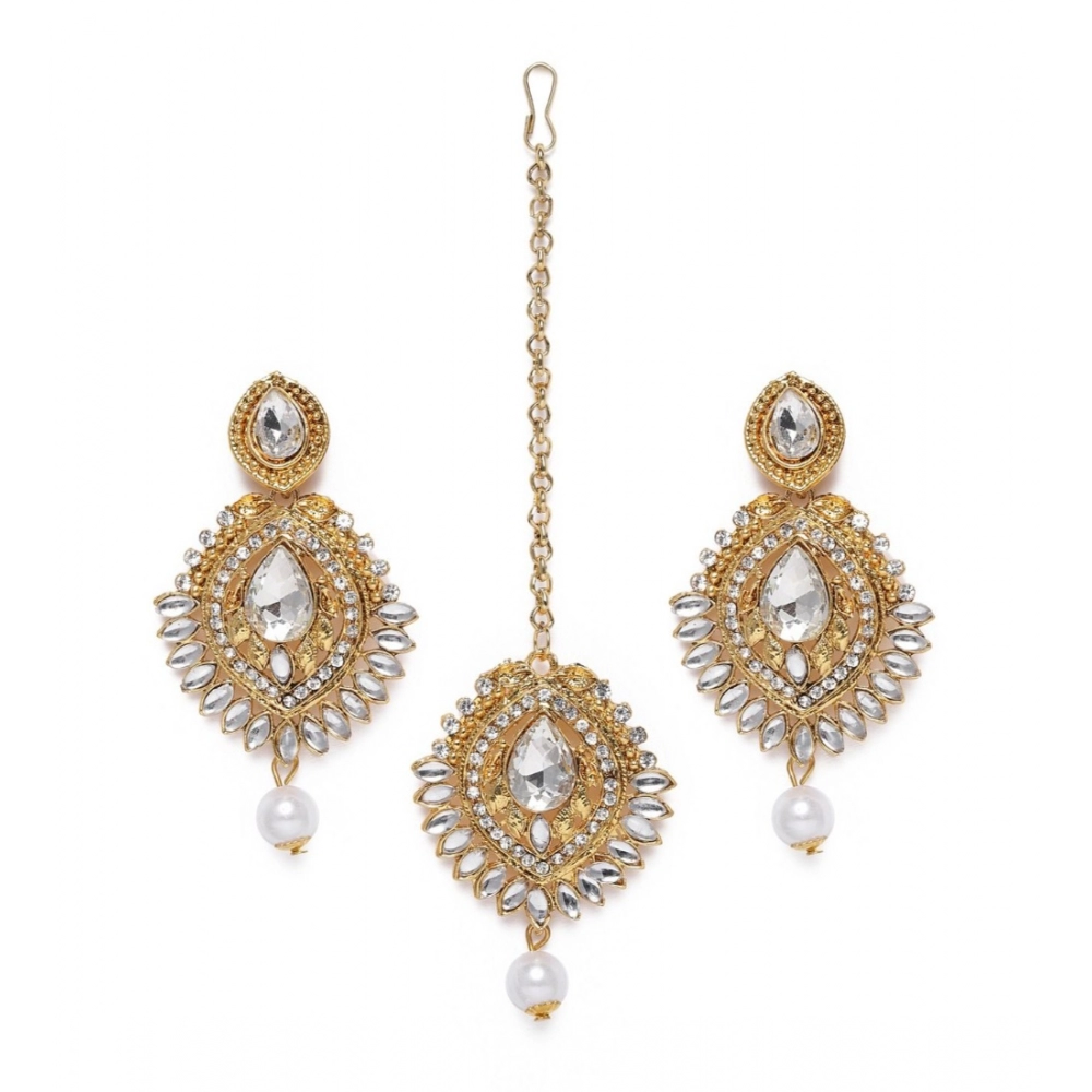 Generic Women's Rose Gold Plated Alloy Kundan Earrings & Mangtikka (White)