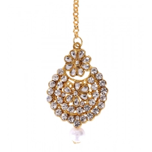 Generic Women's Rose Gold Plated Alloy Kundan Earrings & Mangtikka (White)