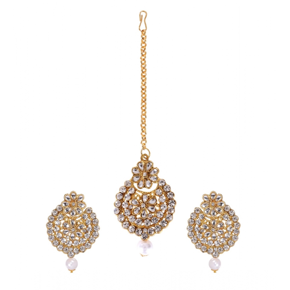 Generic Women's Rose Gold Plated Alloy Kundan Earrings & Mangtikka (White)