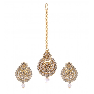 Generic Women's Rose Gold Plated Alloy Kundan Earrings & Mangtikka (White)