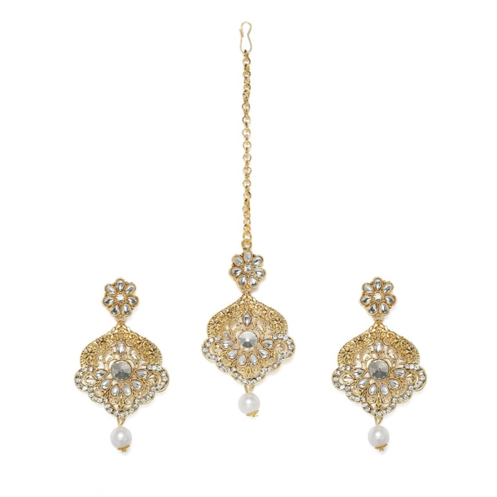 Generic Women's Rose Gold Plated Alloy Kundan Earrings & Mangtikka (White)