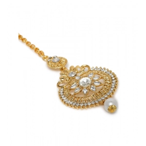 Generic Women's Rose Gold Plated Alloy Kundan Earrings & Mangtikka (White)