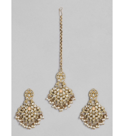 Women's Rose Gold Plated Alloy Kundan Earrings & Mangtikka (White)