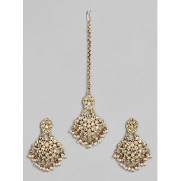 Dropship Women's Rose Gold Plated Alloy Kundan Earrings &amp; Mangtikka (White)