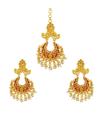 Women's Rose Gold Plated Alloy Kundan Earrings &amp; Mangtikka (Maroon)