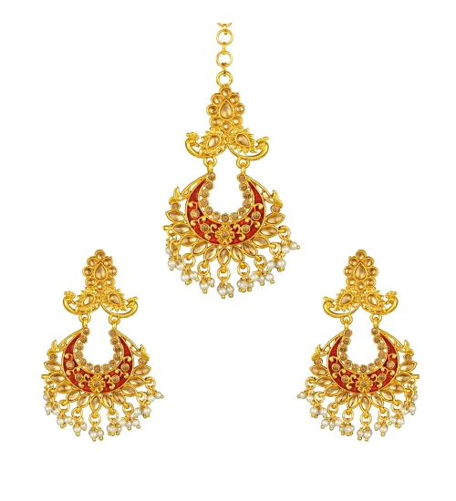 Women's Rose Gold Plated Alloy Kundan Earrings & Mangtikka (Maroon)