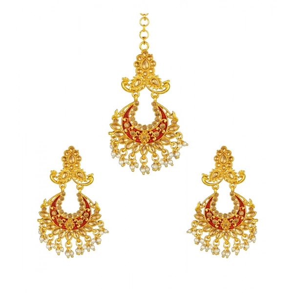 Dropship Women's Rose Gold Plated Alloy Kundan Earrings &amp; Mangtikka (Maroon)