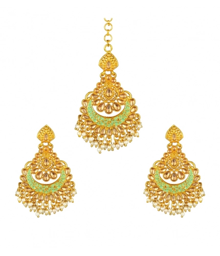 Women's Rose Gold Plated Alloy Kundan Earrings &amp; Mangtikka (Green)