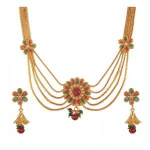Generic Women's Rose Gold Plated Alloy Necklace & Earings Set (Green & Red)