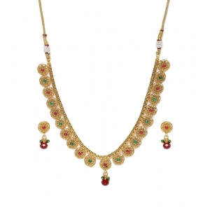 Generic Women's Rose Gold Plated Alloy Necklace & Earings Set (Green & Red)