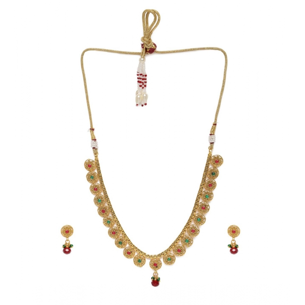 Generic Women's Rose Gold Plated Alloy Necklace & Earings Set (Green & Red)