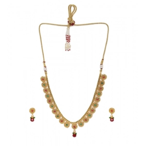 Generic Women's Rose Gold Plated Alloy Necklace & Earings Set (Green & Red)