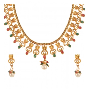Generic Women's Rose Gold Plated Alloy Necklace & Earings Set (Green & Red)