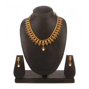 Generic Women's Rose Gold Plated Alloy Necklace & Earings Set (Green & Red)