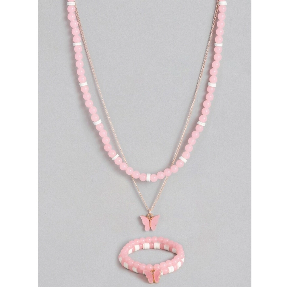 Generic Women's Rose Gold Plated Brass Pendant Chain With Beaded Bracelet (Pink)