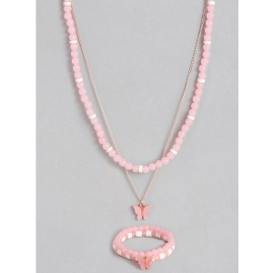 Generic Women's Rose Gold Plated Brass Pendant Chain With Beaded Bracelet (Pink)