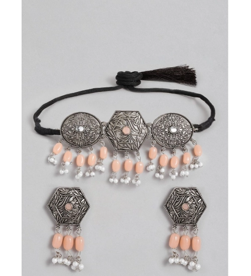 Women's Rose Gold Plated Alloy Necklace & Earings Set (Orange)