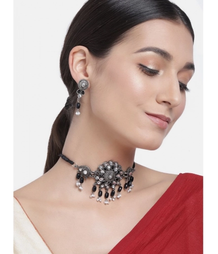 Women's Rose Gold Plated Alloy Necklace &amp; Earings Set (Black)