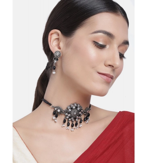 Women's Rose Gold Plated Alloy Necklace & Earings Set (Black) Women's Rose Gold Plated Alloy Necklace & Earings Set (Black)