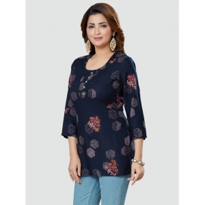 Generic Women's Casual 3/4 Sleeves Printed Rayon Short Top (Navy Blue)