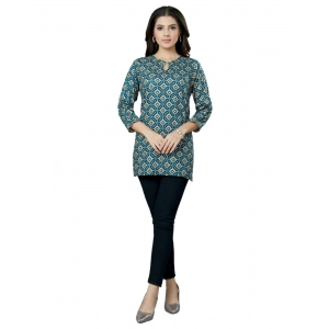 Generic Women's Casual 3/4 Sleeves Printed Rayon Short Top (Blue)