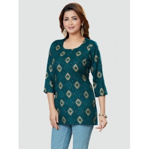 Generic Women's Casual 3/4 Sleeves Printed Rayon Short Top (Green)