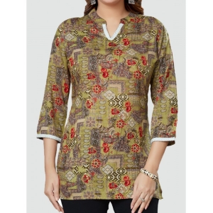 Generic Women's Casual 3/4 Sleeves Printed Rayon Short Top (Beige)