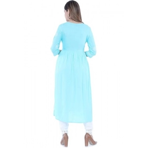 Generic Women's Casual 3/4 Sleeve Embroidered Rayon Anarkali Gown (Blue)