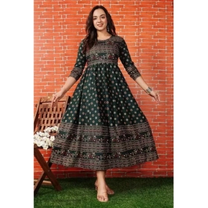 Generic Women's Casual 3/4 Sleeve Printed Rayon Anarkali Gown (Green)