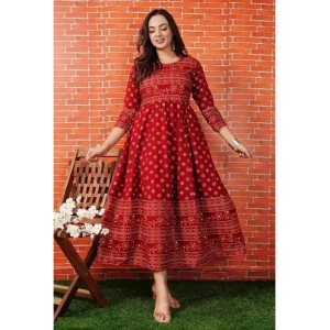 Generic Women's Casual 3/4 Sleeve Printed Rayon Anarkali Gown (Red)