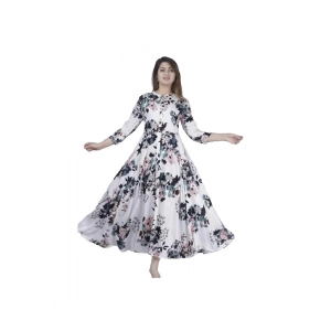 Generic Women's Casual 3/4 Sleeve Printed Rayon Anarkali Gown (White)