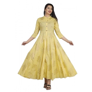 Generic Women's Casual 3/4 Sleeve Floral Printed Rayon Anarkali Gown (Yellow)