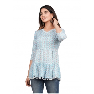 Generic Women's Casual 3/4 Sleeve Printed Rayon Top (Blue)