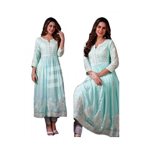 Generic Women's Casual 3/4 Sleeve Embroidered Rayon Anarkali Gown (Blue)