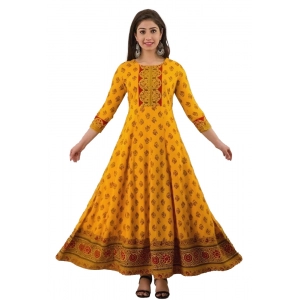 Generic Women's Casual 3/4 Sleeve Printed Rayon Anarkali Gown (Yellow)