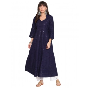 Generic Women's Casual 3/4th Sleeve Chikan Embroidery Cotton Kurti (Navy)