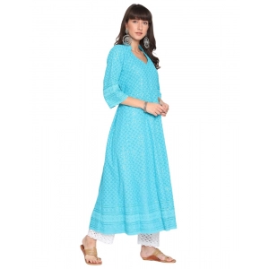 Generic Women's Casual 3/4th Sleeve Chikan Embroidery Cotton Kurti (Aqua)
