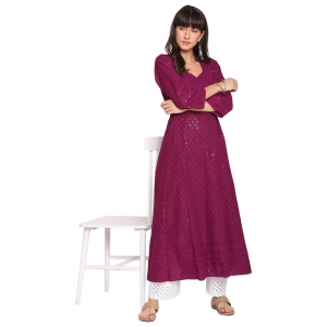 Generic Women's Casual 3/4th Sleeve Chikan Embroidery Cotton Kurti (Majenta)