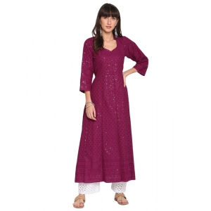 Generic Women's Casual 3/4th Sleeve Chikan Embroidery Cotton Kurti (Majenta)