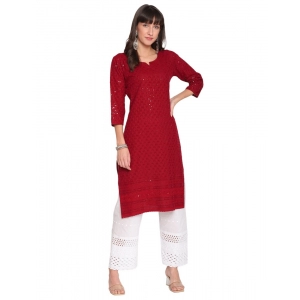 Generic Women's Casual 3/4th Sleeve Chikan Embroidery Cotton Kurti (Maroon)
