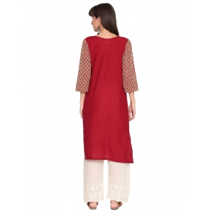 Generic Women's Casual 3/4th Sleeve Embroidered Cotton Kurti (Brown)
