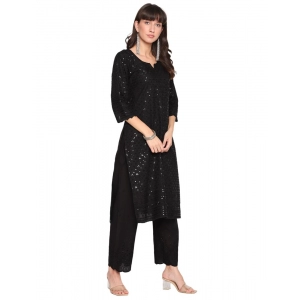 Generic Women's Casual 3/4th Sleeve Chikan Embroidery Cotton Kurti (Black)